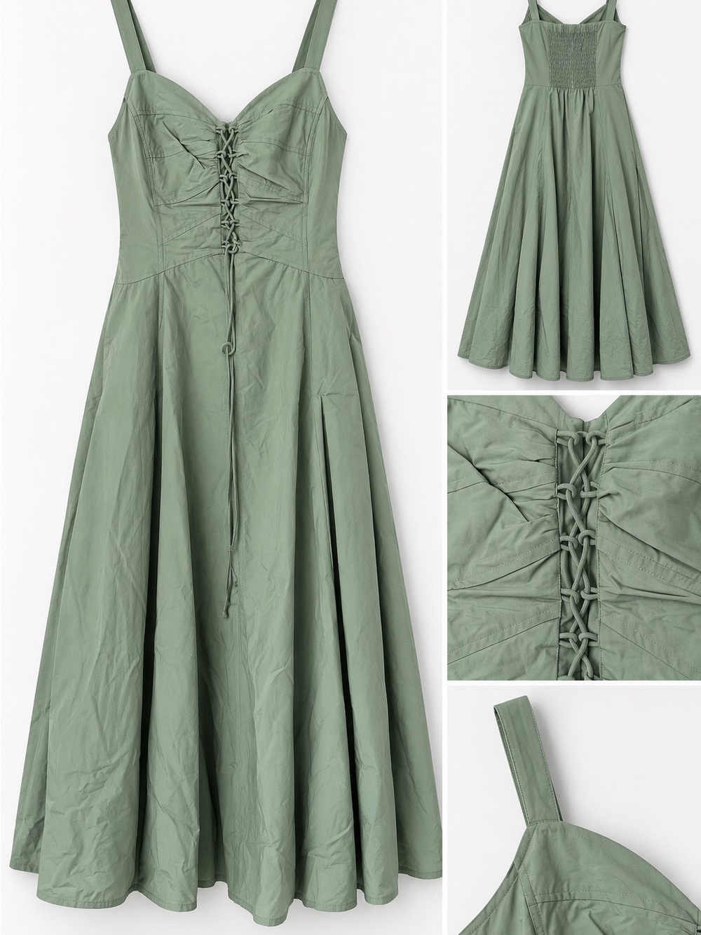 & Other Stories Sage Green Lace-Up Midi Dress